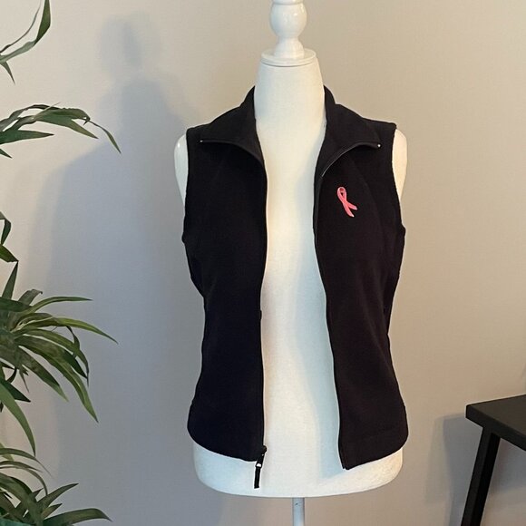 Columbia Size S Black Fleece Vest with Pink Breast Cancer Ribbon and Zip Pockets - Picture 4 of 7
